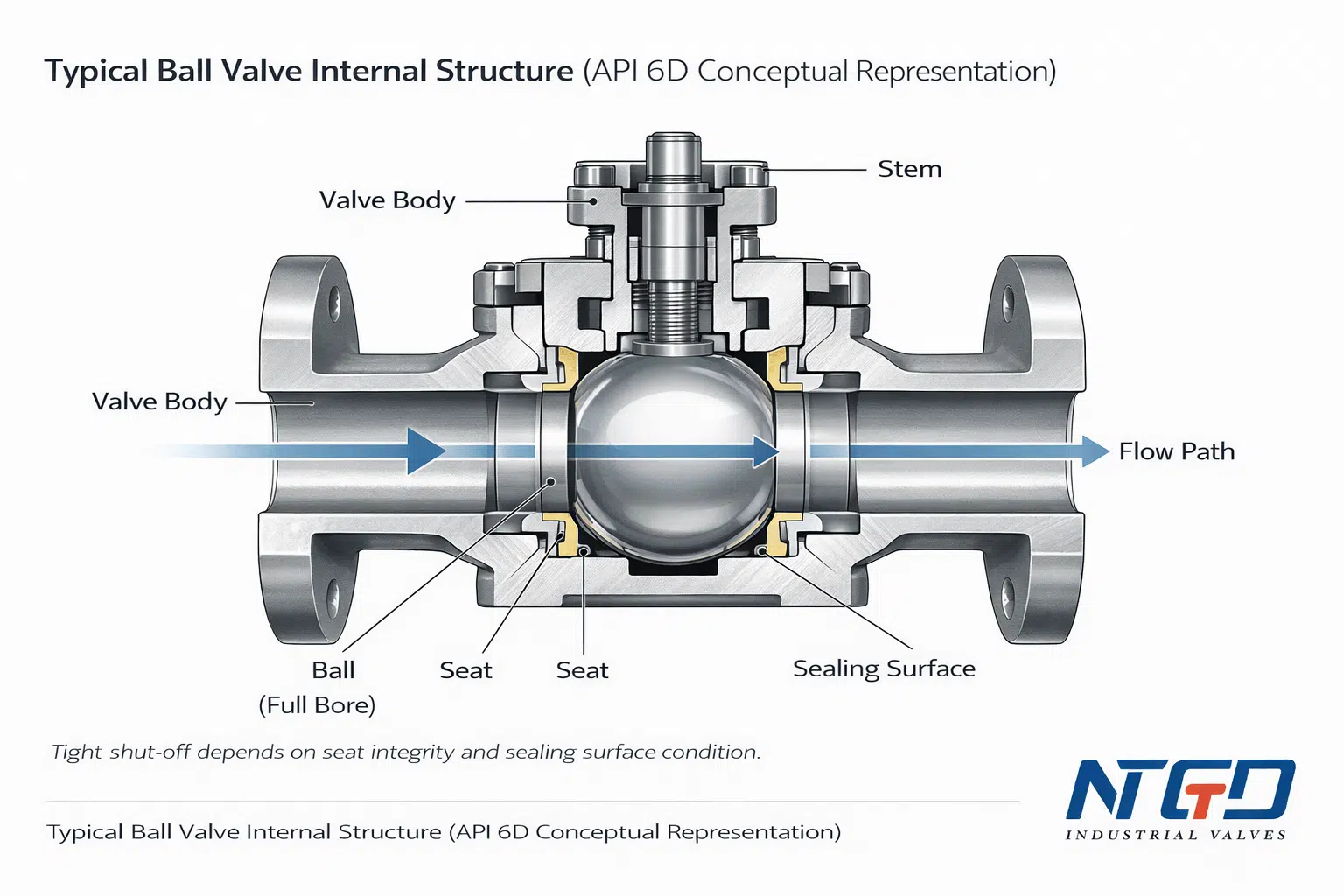 Ball valve internal structure cutaway diagram showing API 6D design including body, ball, seat and flow path