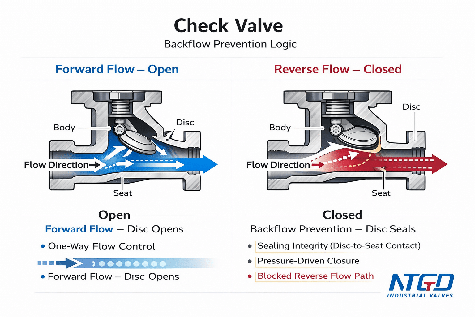 Check valve working principle diagram showing flow direction disc movement and backflow prevention sealing mechanism