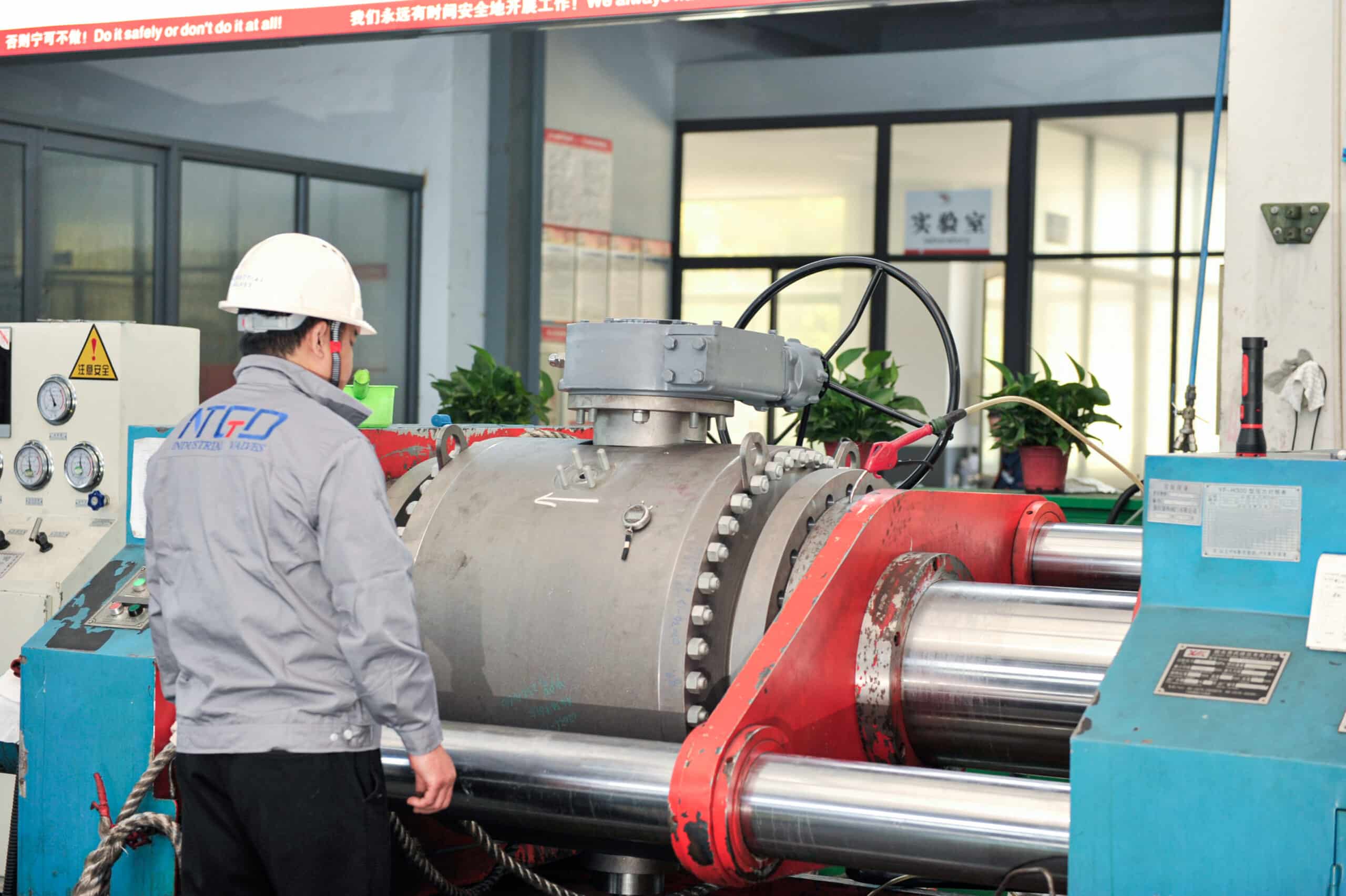 Large industrial ball valve pressure testing in NTGD workshop