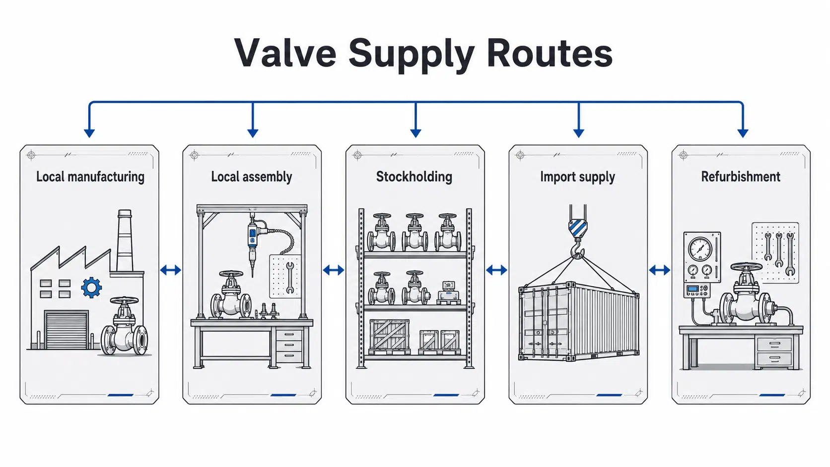 Valve supply routes showing local manufacturing, assembly, stockholding, import supply and refurbishment