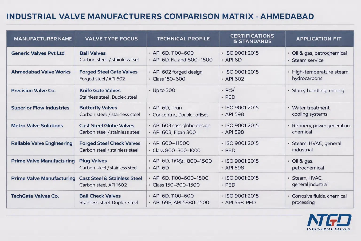 Ahmedabad valve manufacturers comparison matrix showing valve type technical profile certifications and application fit
