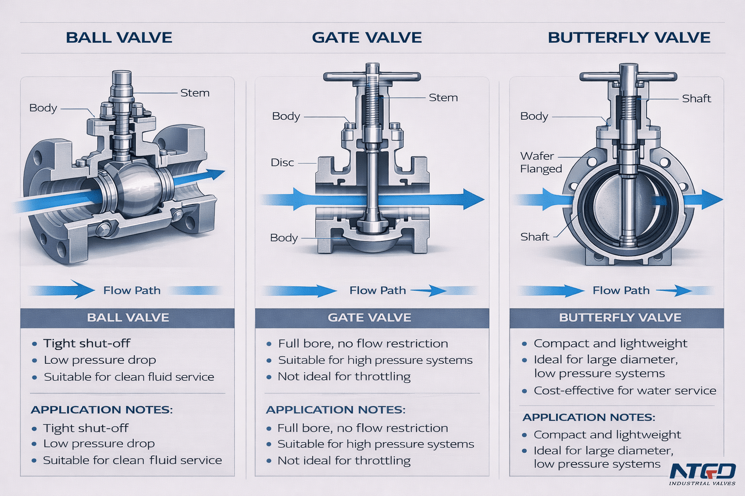 Ball valve gate valve and butterfly valve structure comparison diagram with flow path sealing and application notes