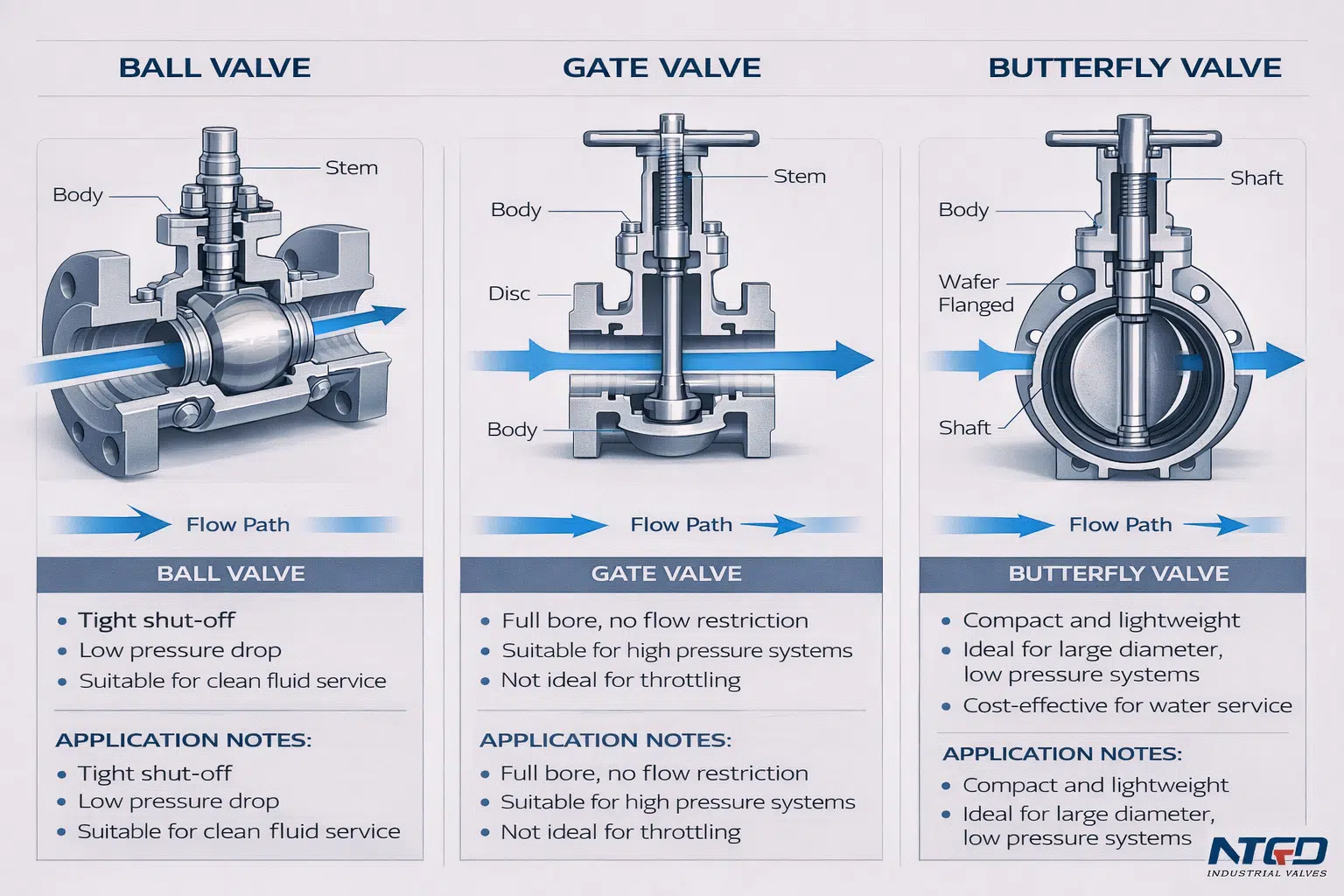 Ball valve gate valve and butterfly valve structure comparison diagram with flow path sealing and application notes