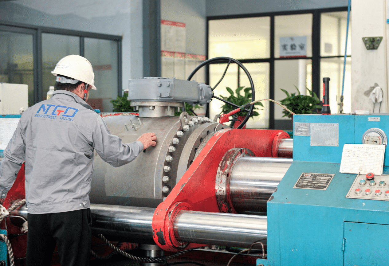 Industrial valve pressure testing setup showing hydro test process for valve quality verification