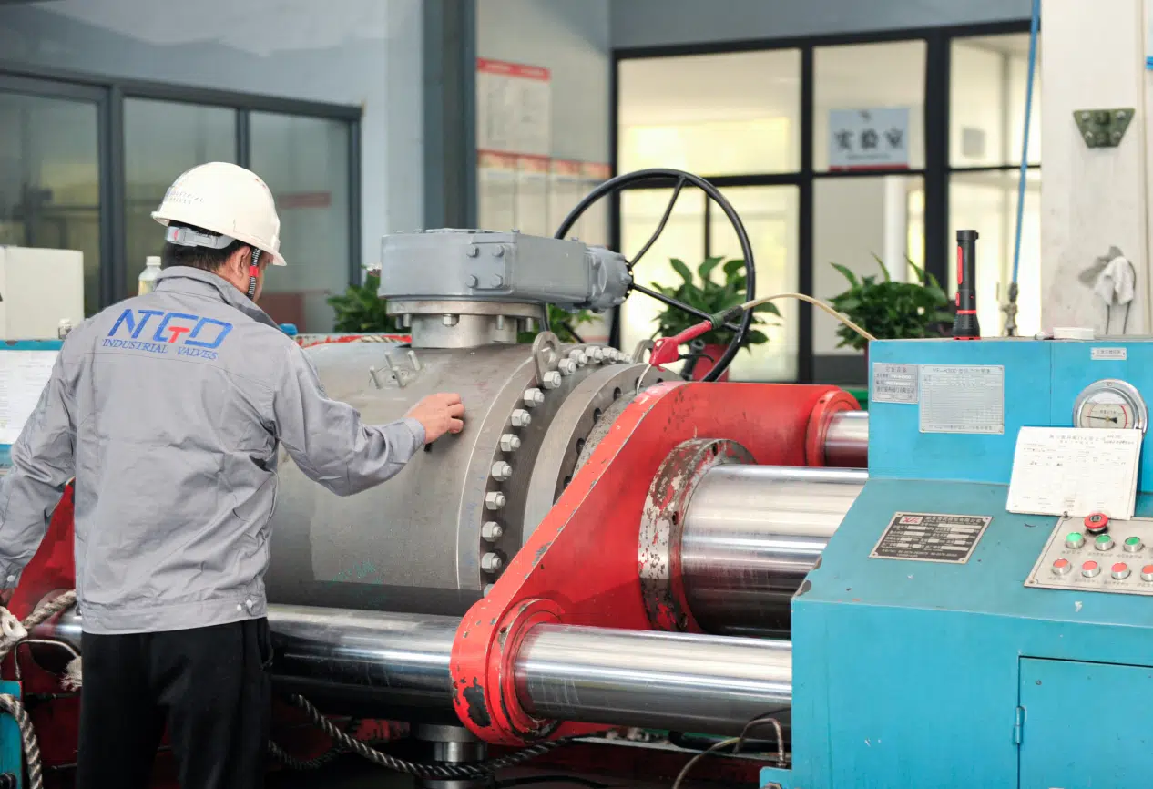 Industrial valve pressure testing setup showing hydro test process for valve quality verification