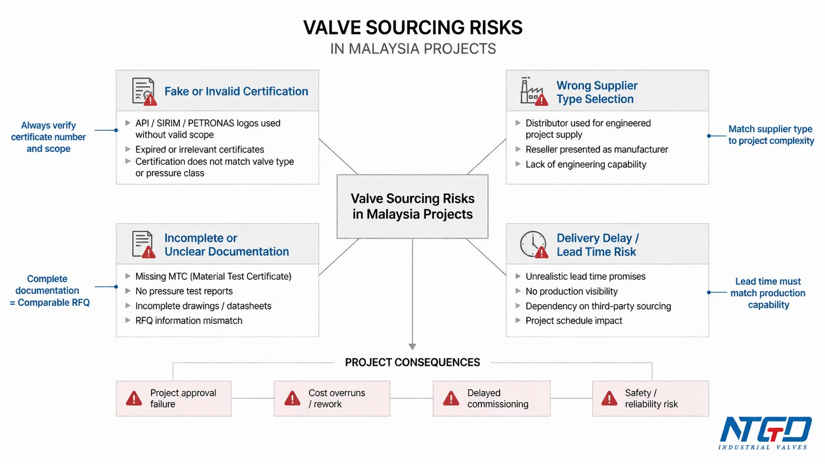 valve sourcing risks in Malaysia projects including certification issues supplier mismatch documentation gaps and delivery delays