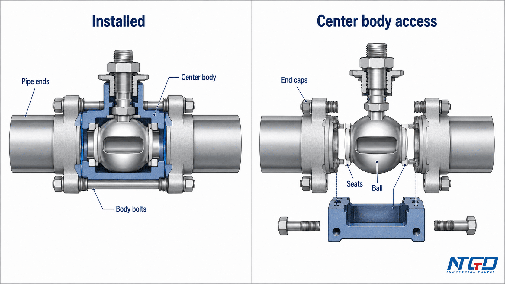 3 piece ball valve center body access diagram showing installed and service positions