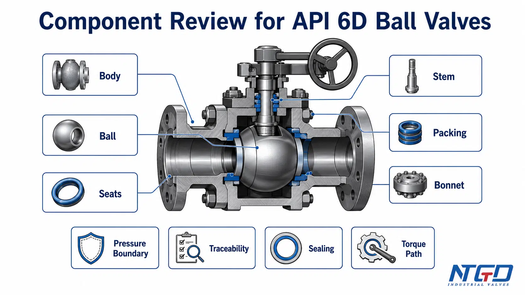 API 6D ball valve component review diagram showing body ball seats stem packing bonnet pressure boundary traceability sealing and torque path