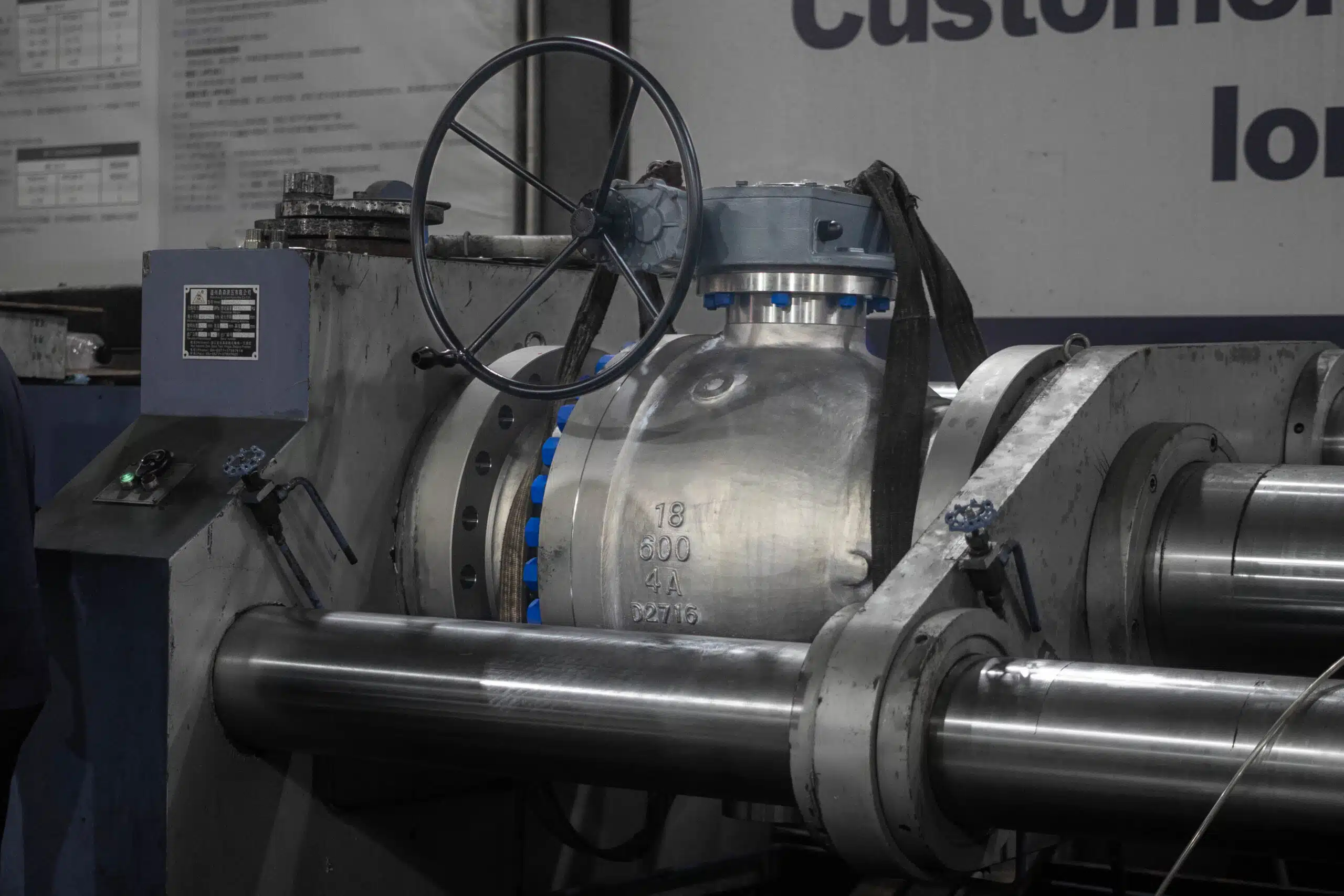 18 inch Class 600 4A trunnion mounted ball valve during pressure testing