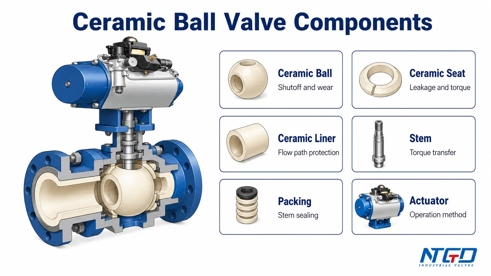 Ceramic ball valve components board showing ceramic ball, ceramic seat, ceramic liner, stem, packing and actuator.