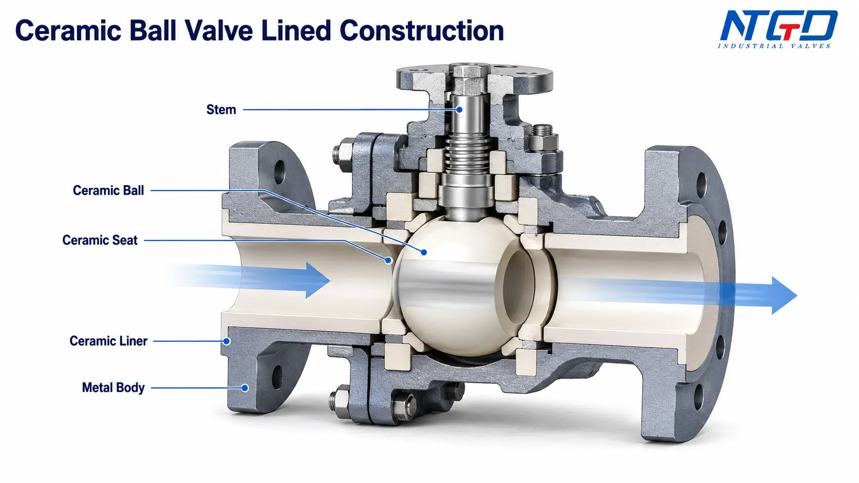 Ceramic ball valve lined construction cutaway showing ceramic ball, ceramic seat, ceramic liner, metal body and stem.