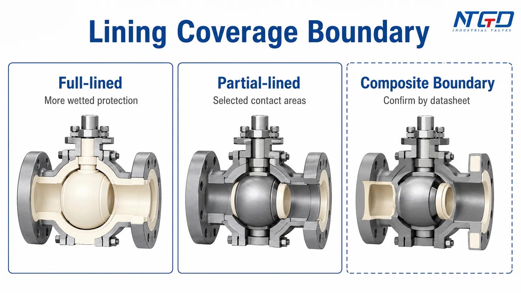Ceramic ball valve lining coverage boundary diagram comparing full-lined, partial-lined and composite boundary options.