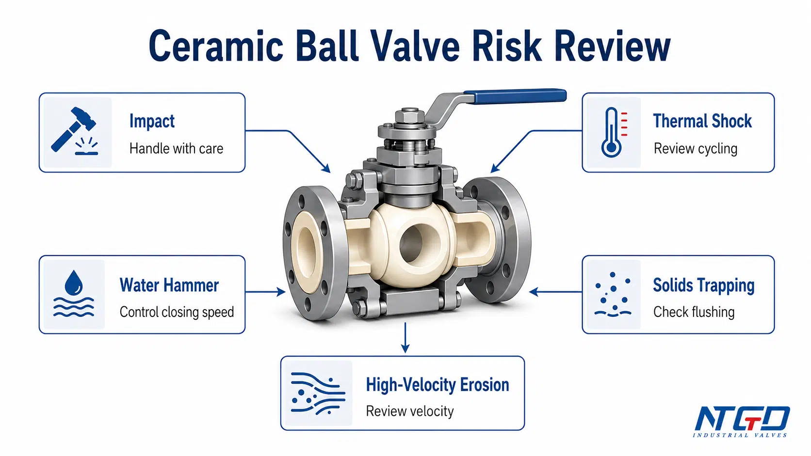 Ceramic ball valve risk review board showing impact, thermal shock, water hammer, solids trapping and high-velocity erosion.