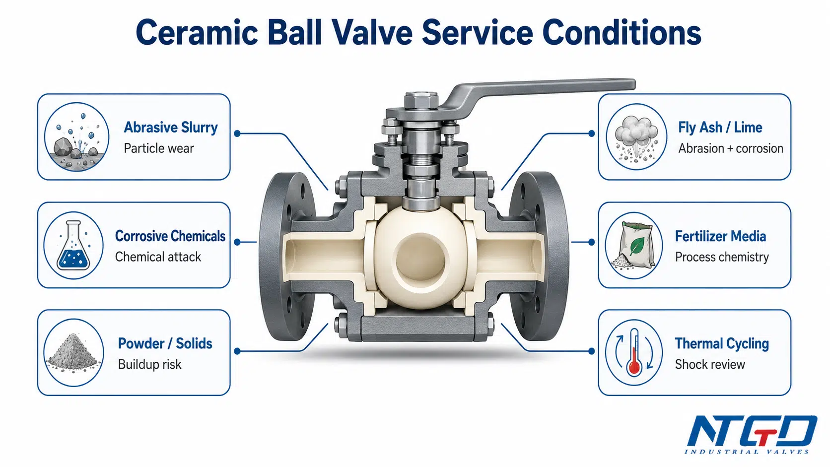 Ceramic ball valve service conditions board showing abrasive slurry, corrosive chemicals, powder, fly ash, fertilizer media and thermal cycling.