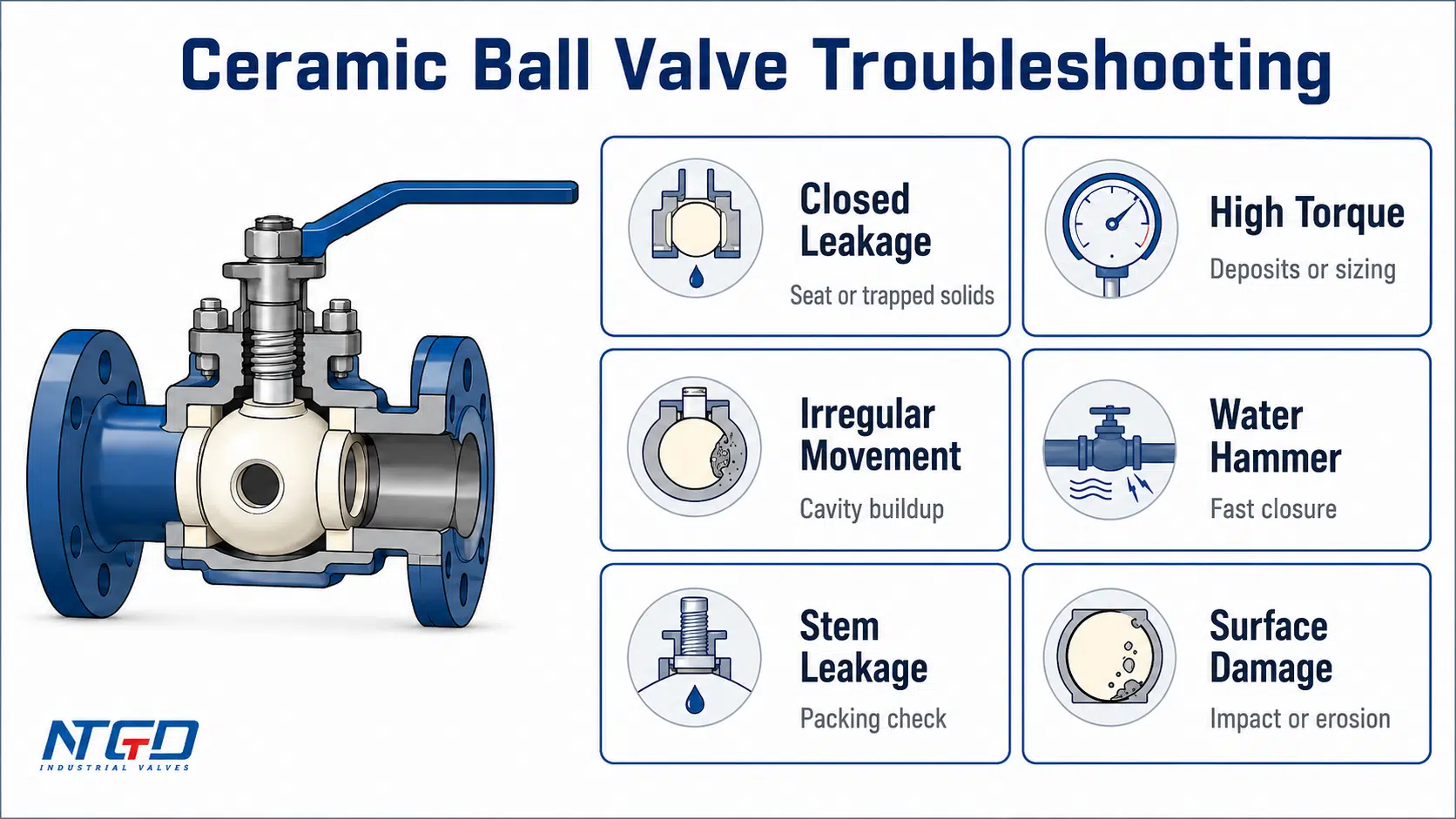 Ceramic ball valve troubleshooting board showing closed leakage, high torque, irregular movement, water hammer, stem leakage and surface damage.