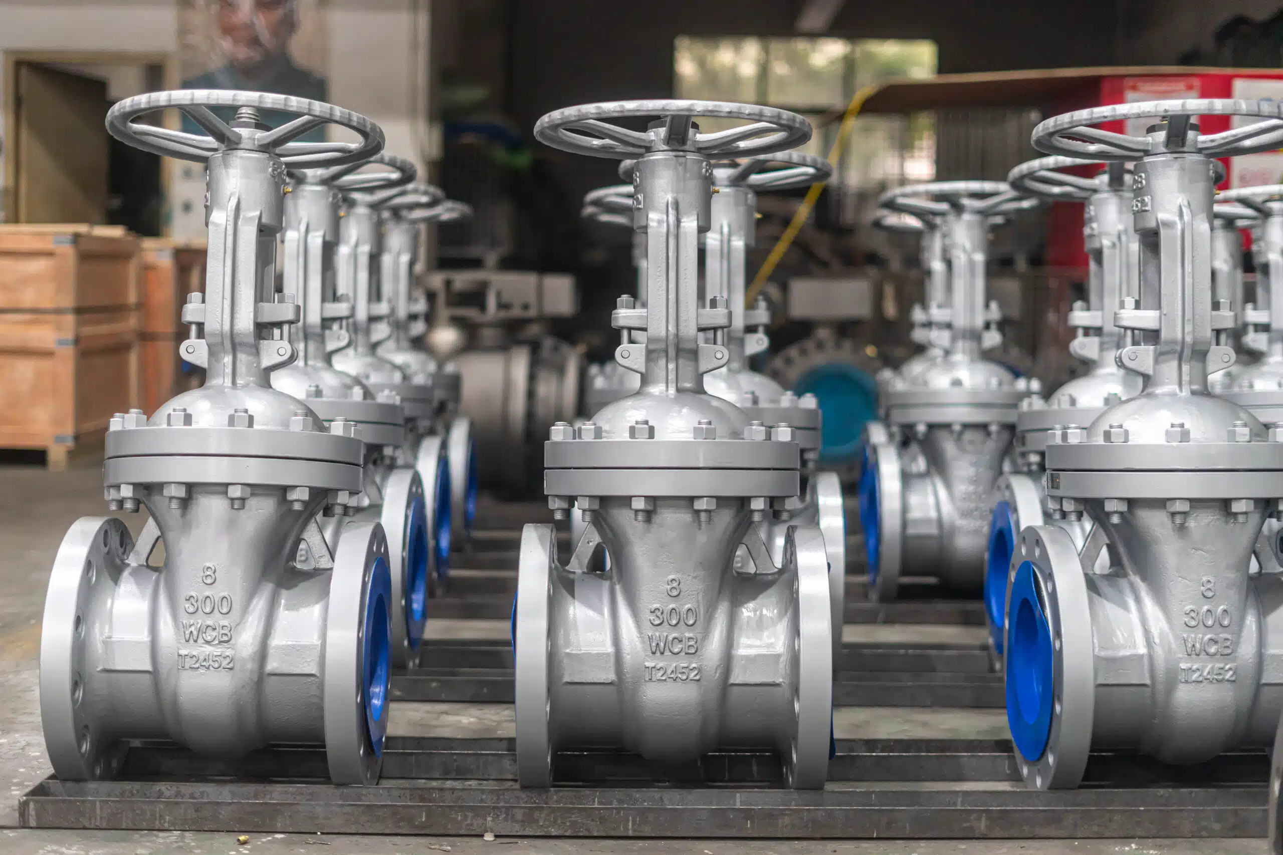 Class 300 WCB wedge gate valves arranged in an NTGD workshop.