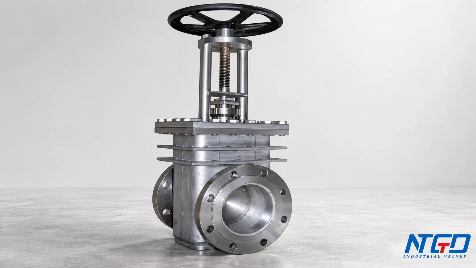 Silver double disc gate valve with rising stem, handwheel and flanged body