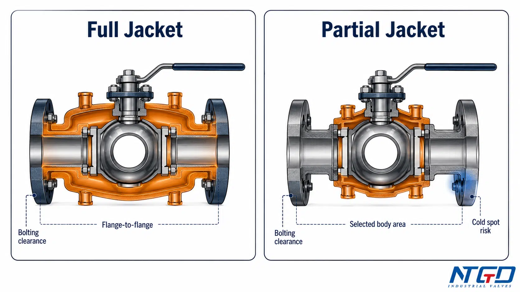 Full jacket and partial jacketed ball valve comparison showing coverage, bolting clearance and cold spot risk.
