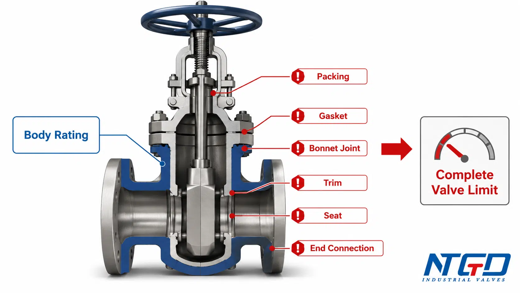 Gate valve cutaway showing body rating and limits from packing, gasket, trim, seat, and end connections.