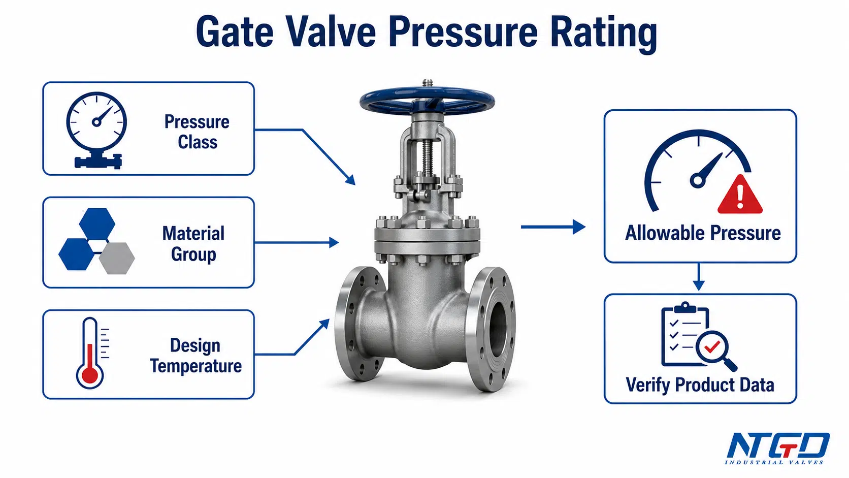 Gate valve pressure rating relationship between Pressure Class, material group, design temperature, allowable pressure, and product verification.