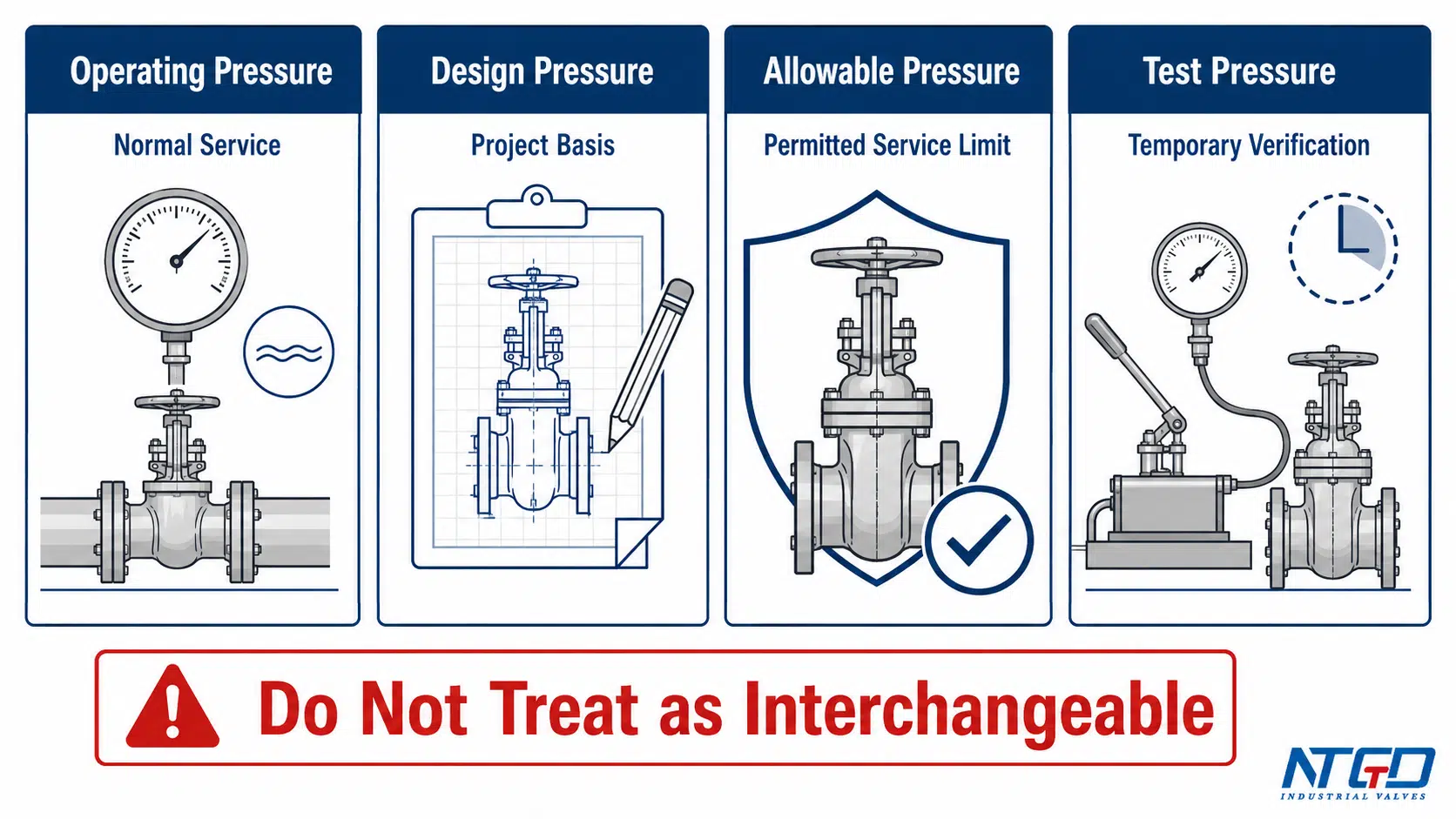Operating, design, allowable, and test pressure comparison for gate valve specifications.