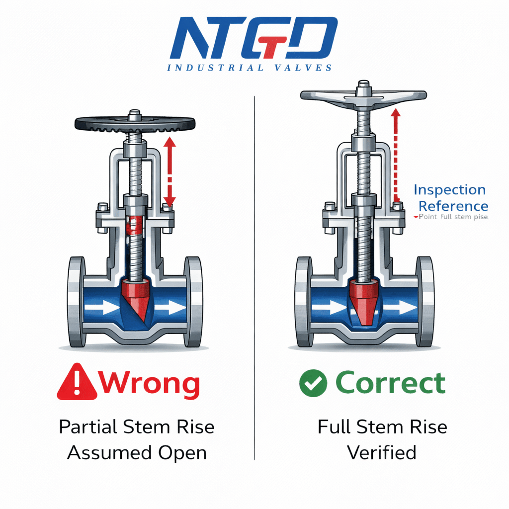OS&Y valve open vs closed diagram showing stem up open position and stem down closed position with flow direction