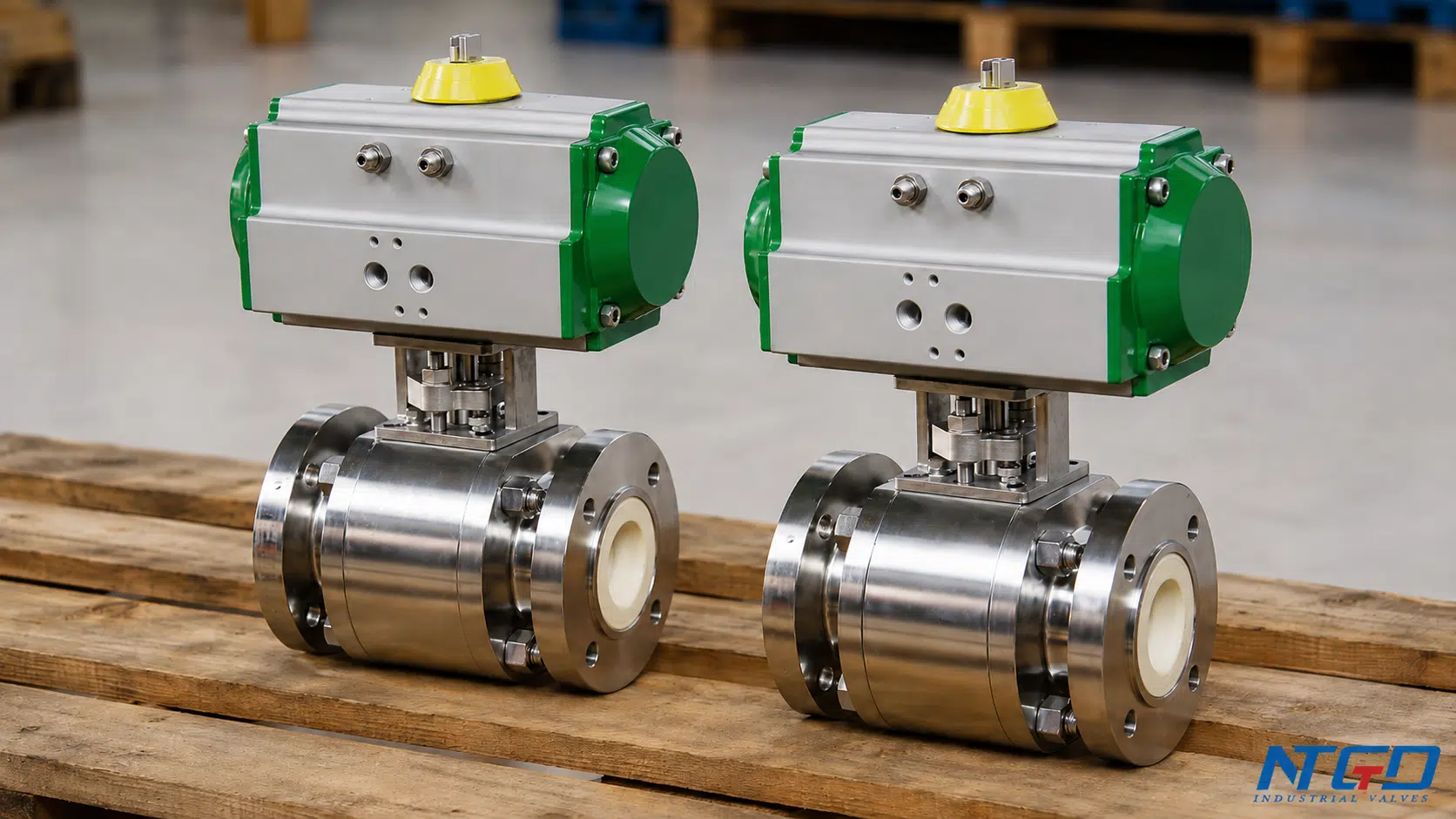 Pneumatic ceramic ball valves with flanged bodies and ceramic-lined bores.