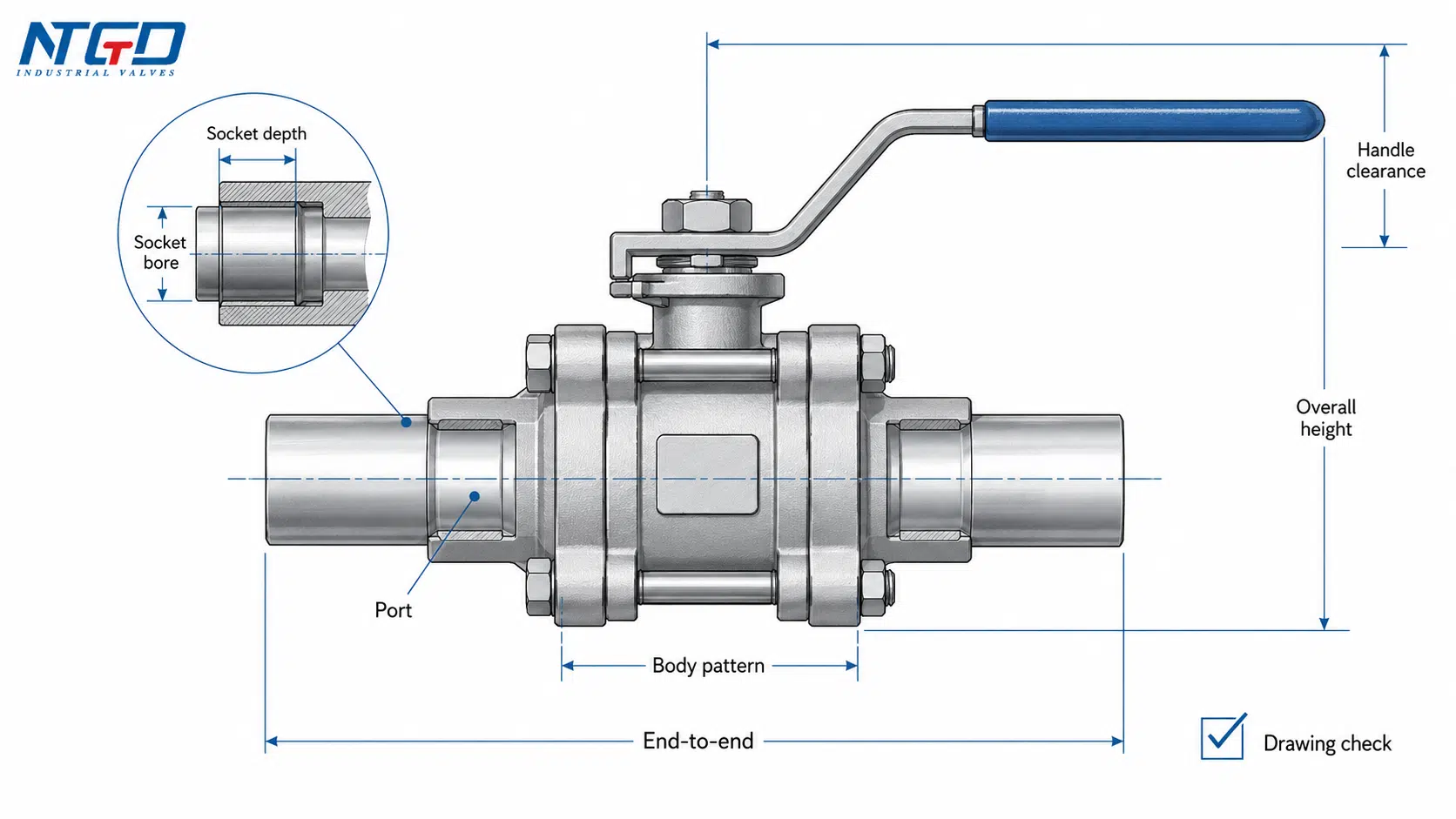 Socket weld ball valve dimensions and drawing confirmation diagram