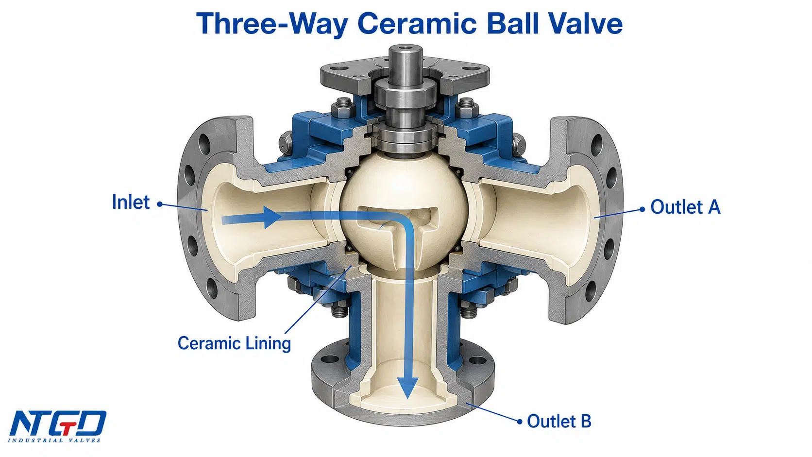 Three-way ceramic ball valve diagram showing inlet, outlet A, outlet B and ceramic lining.
