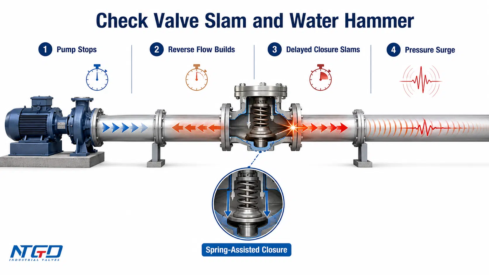 Check valve slam and water hammer risk path with spring-assisted closure