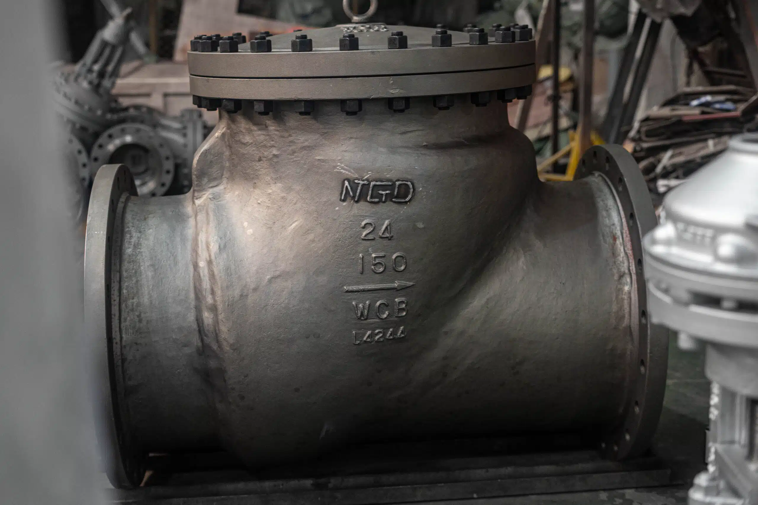Real NTGD 24-inch Class 150 WCB swing-type check valve before coating