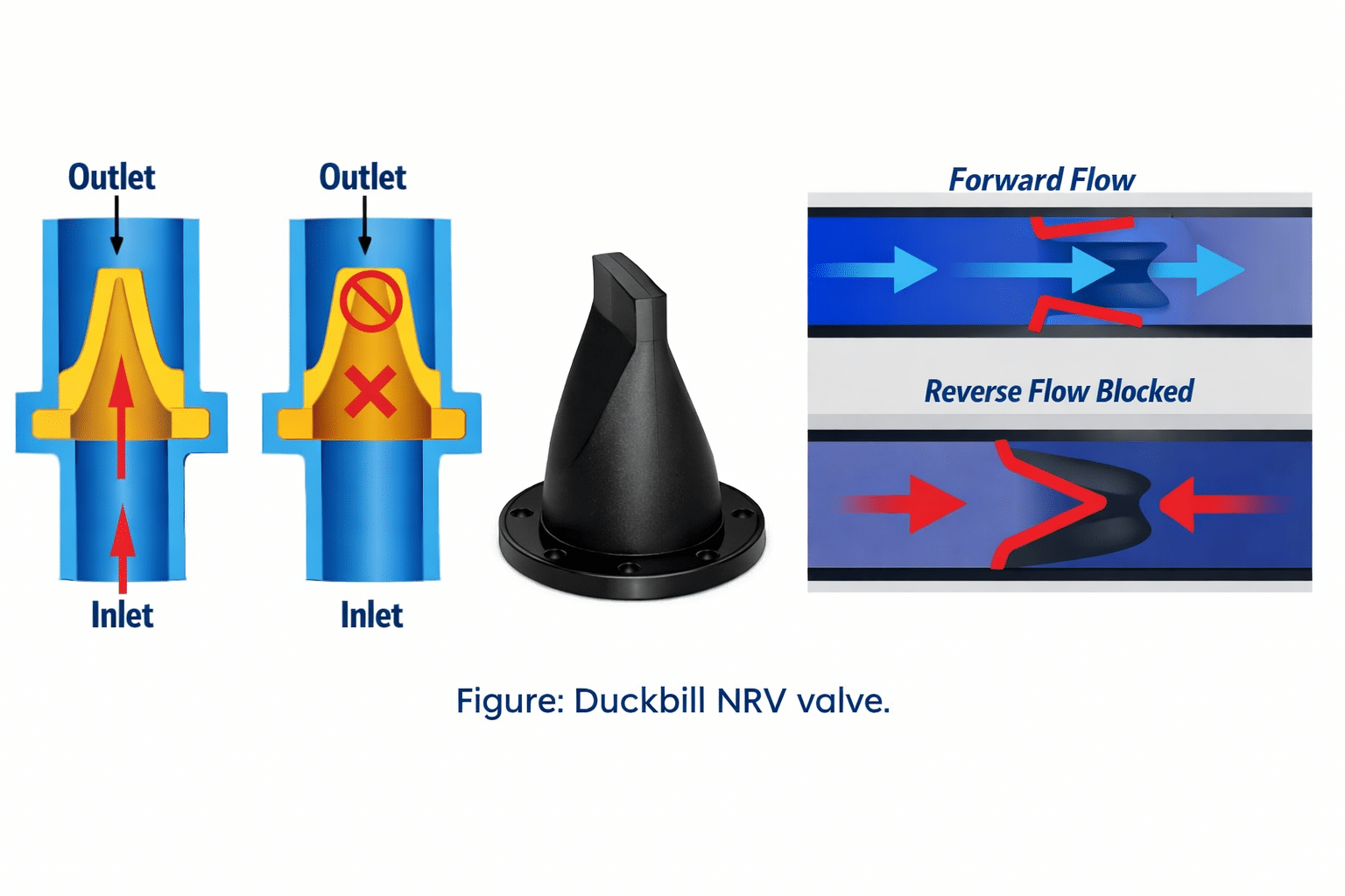 duckbill non return valve design showing elastomer valve preventing reverse flow in pipelines