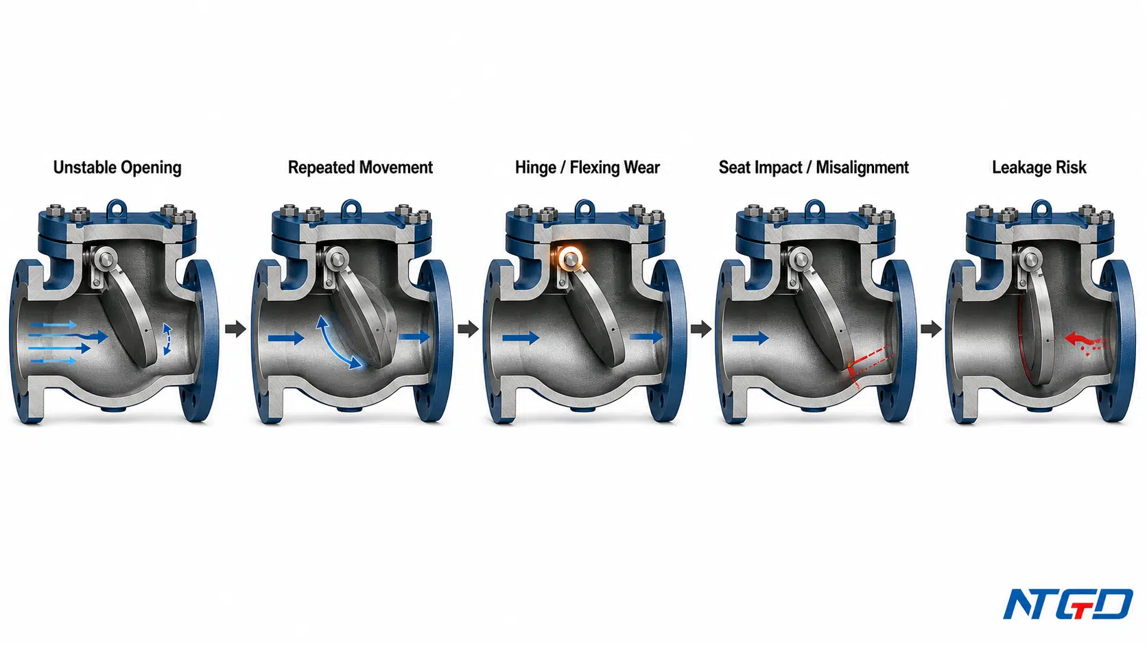 Flapper check valve risk chain from unstable opening to hinge wear, seat misalignment, and leakage
