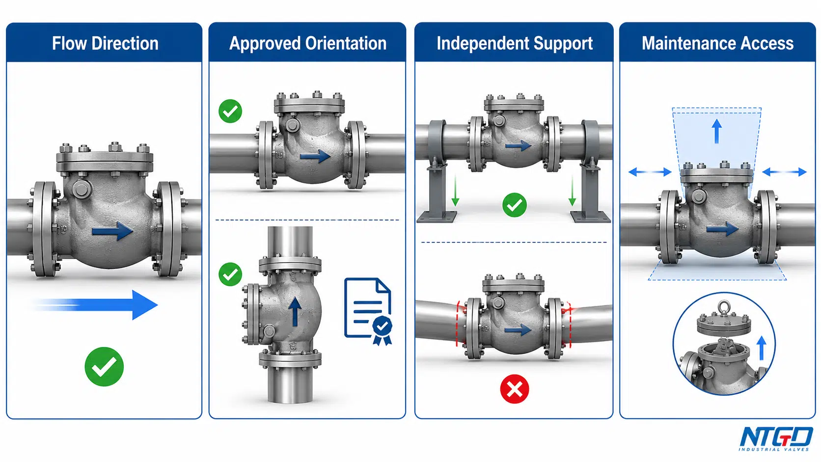 Flapper check valve installation review covering flow direction, orientation, pipe support, and maintenance access
