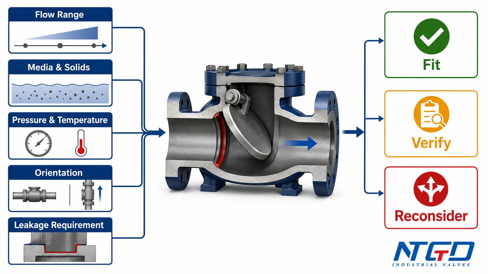 Flapper check valve selection board linking operating inputs to fit, verify, or reconsider decisions