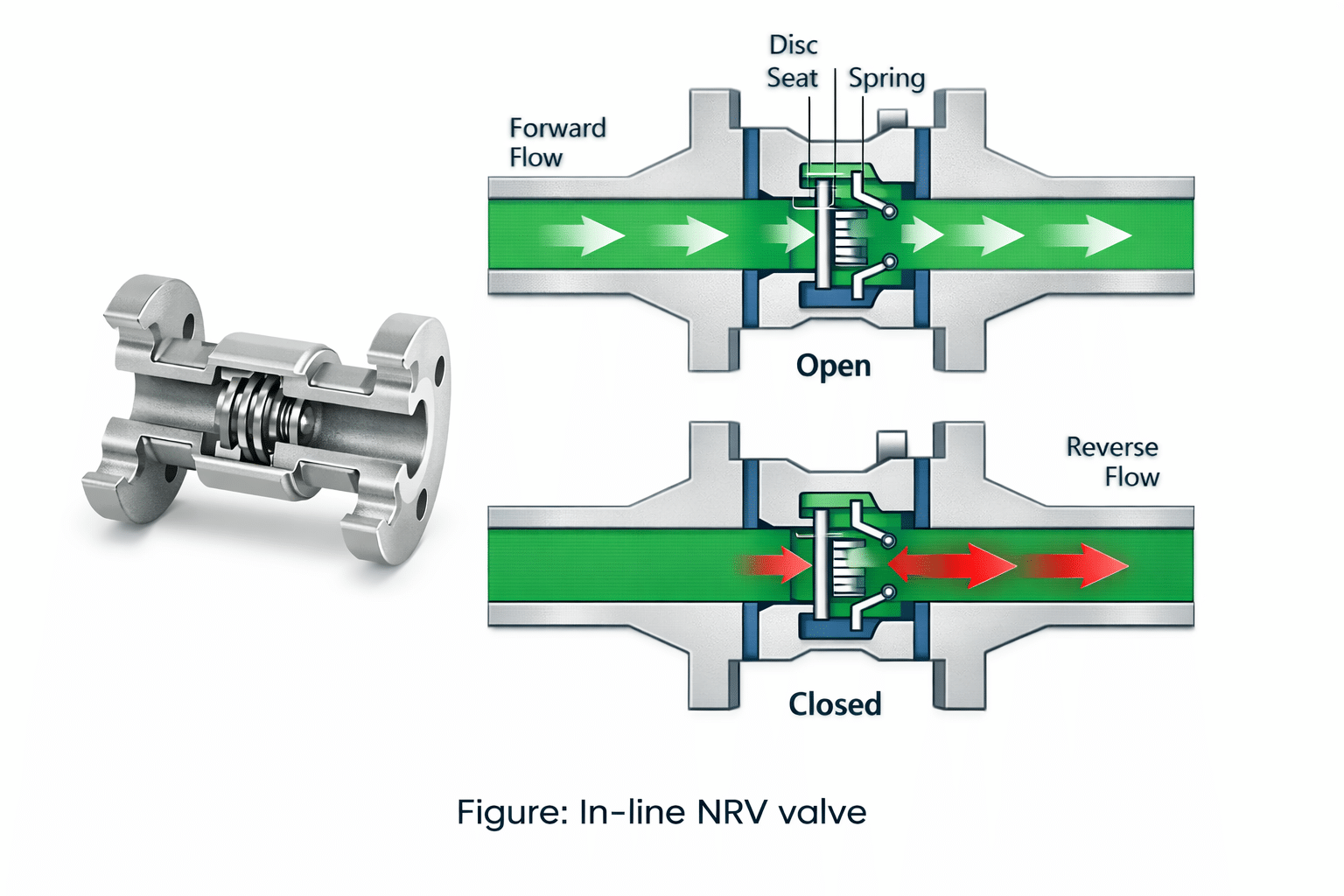 spring loaded inline non return valve diagram showing disc and spring operation