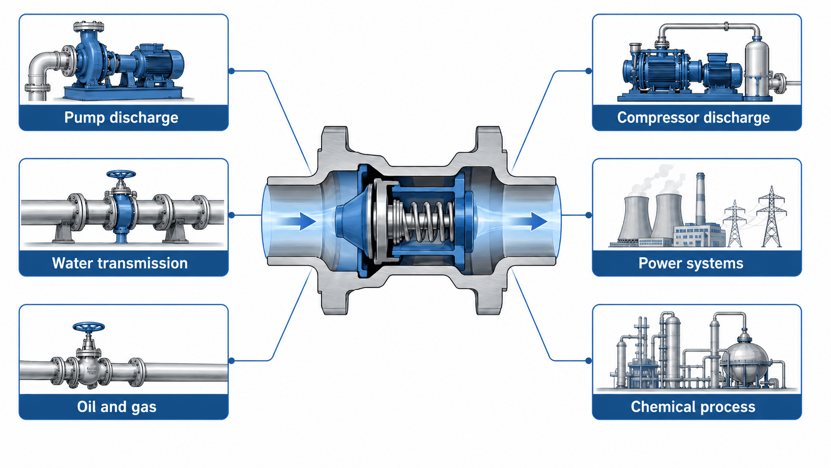 Nozzle check valve application mapping for pump discharge, compressor discharge, water, power, oil and gas, and chemical service.
