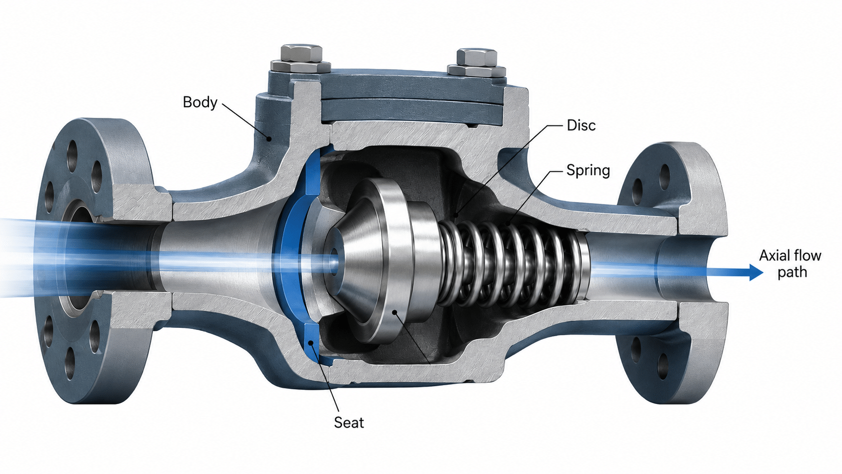 Nozzle check valve axial flow cutaway showing body, disc, spring, seat, and flow path.