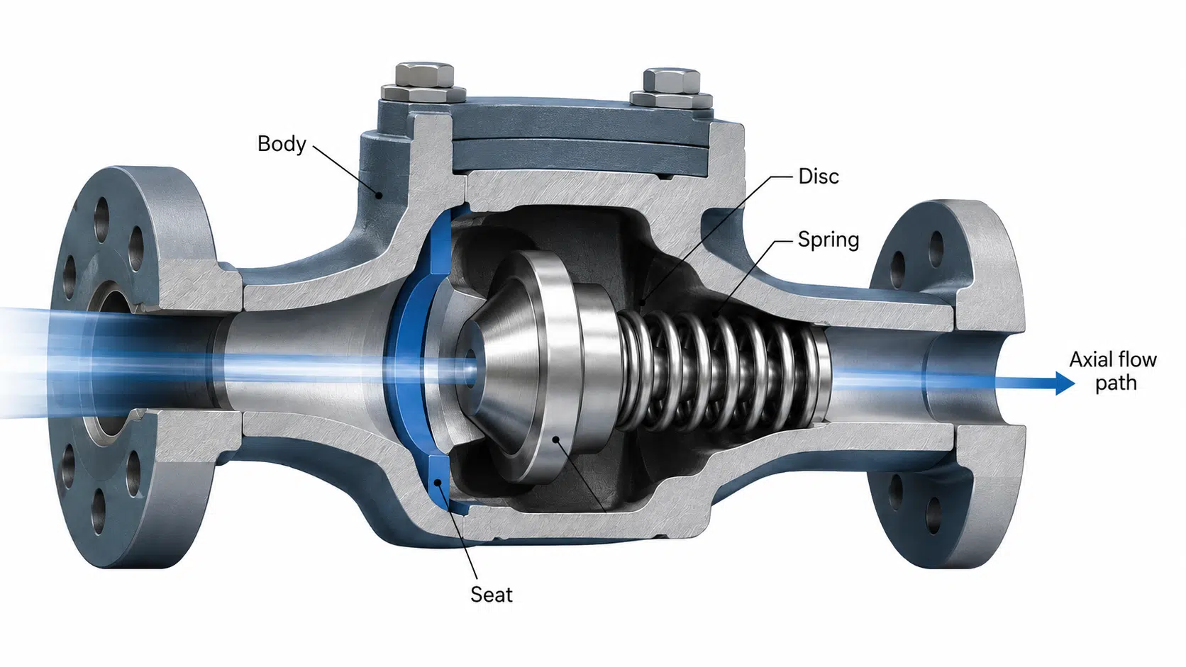 Vue en coupe d'un clapet anti-retour à jet axial montrant le corps, le disque, le ressort, le siège et le circuit d'écoulement.