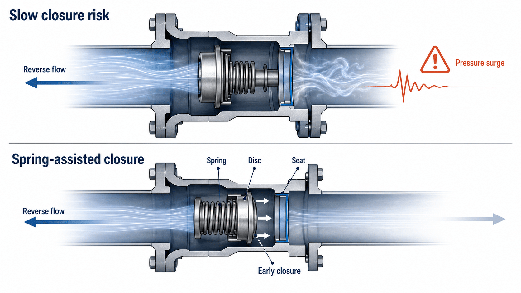 Non-slam nozzle check valve mechanism showing spring-assisted closure and pressure surge reduction.