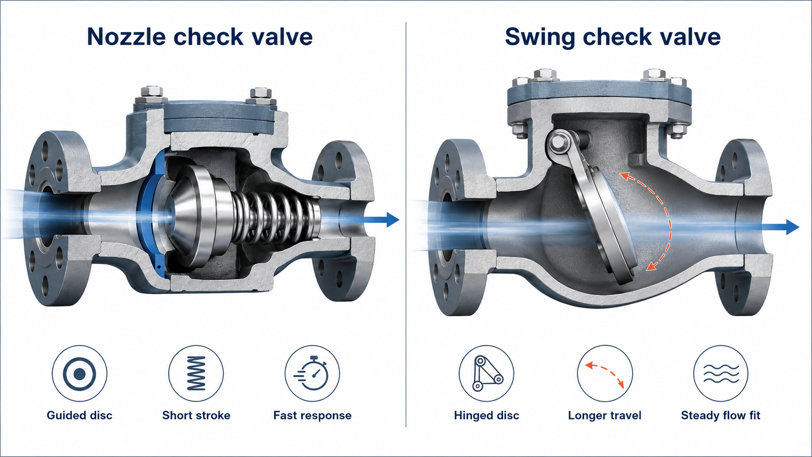 Nozzle check valve vs swing check valve comparison showing guided disc and hinged disc designs.