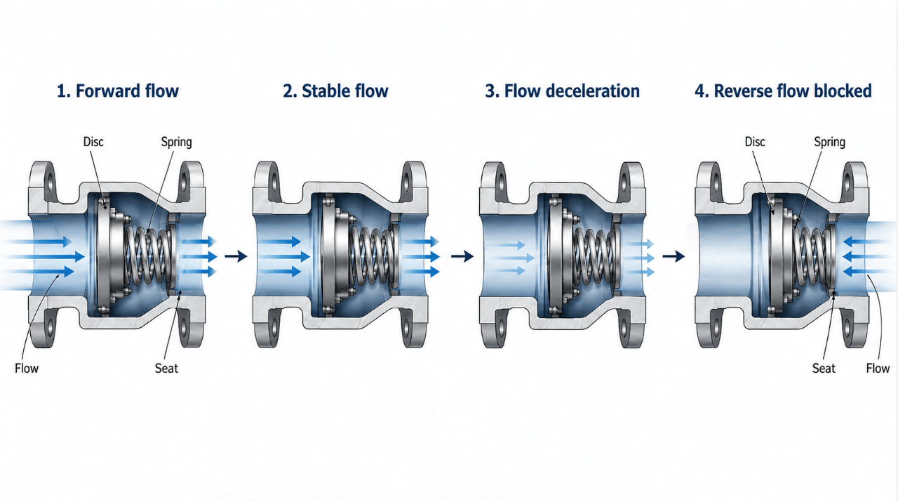 Nozzle check valve working principle sequence from forward flow to reverse flow blocked.