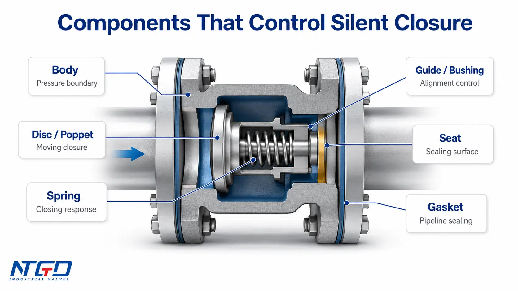 Silent check valve cutaway showing body disc spring seat guide and gasket