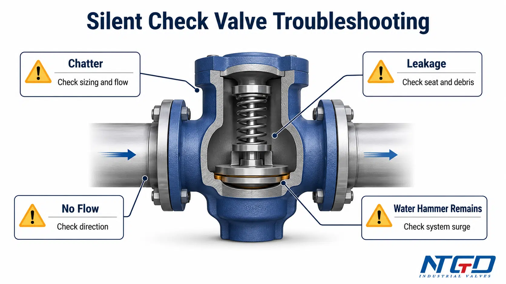 Silent check valve troubleshooting board for chatter leakage no flow and water hammer