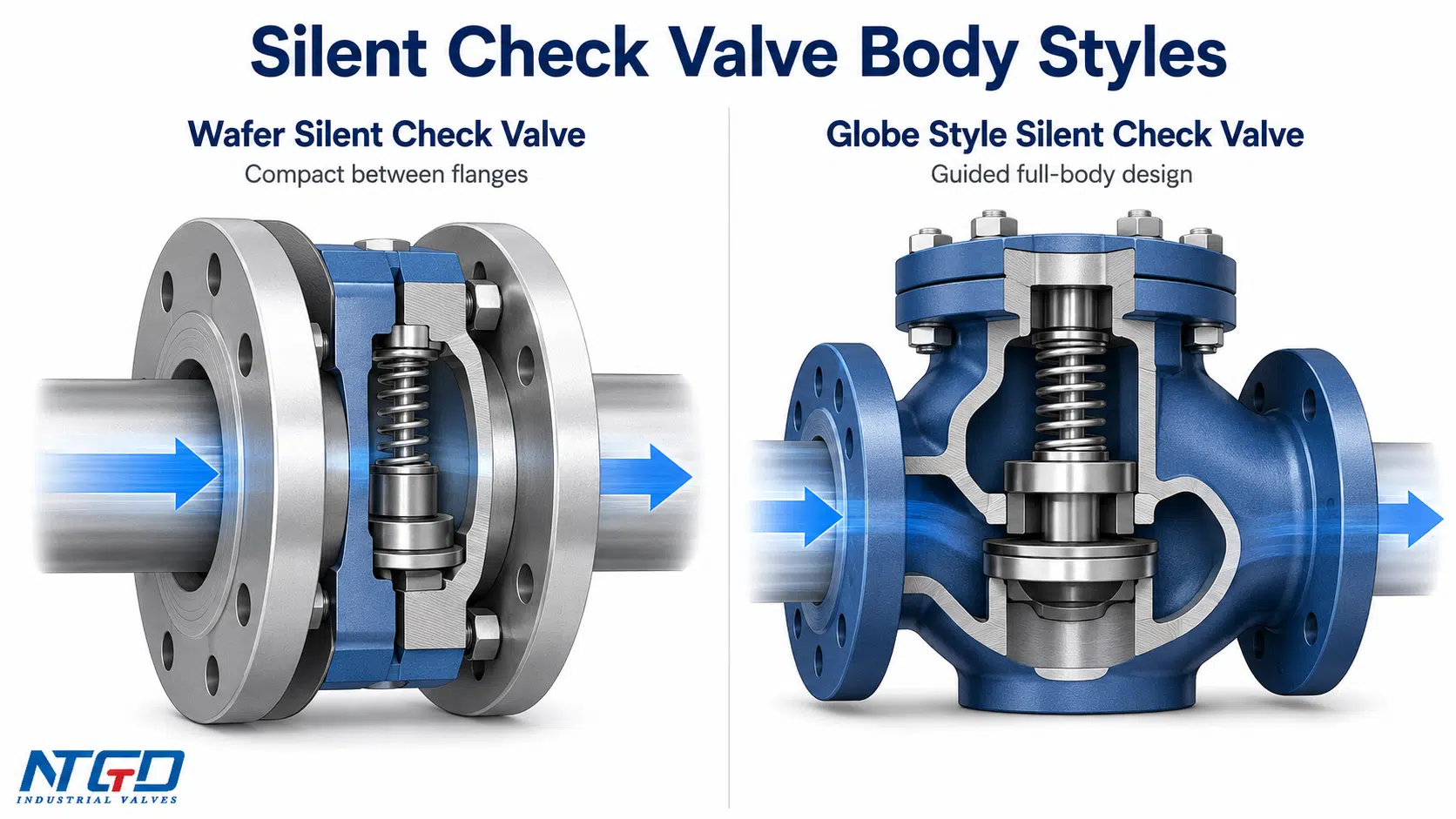 Wafer and globe style silent check valve body style comparison