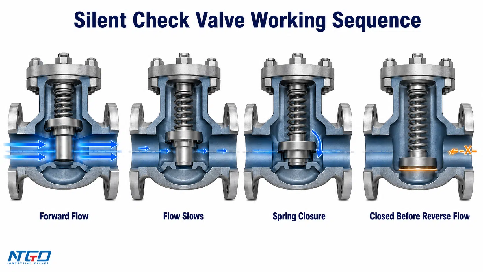 Silent check valve working sequence from forward flow to closed before reverse flow