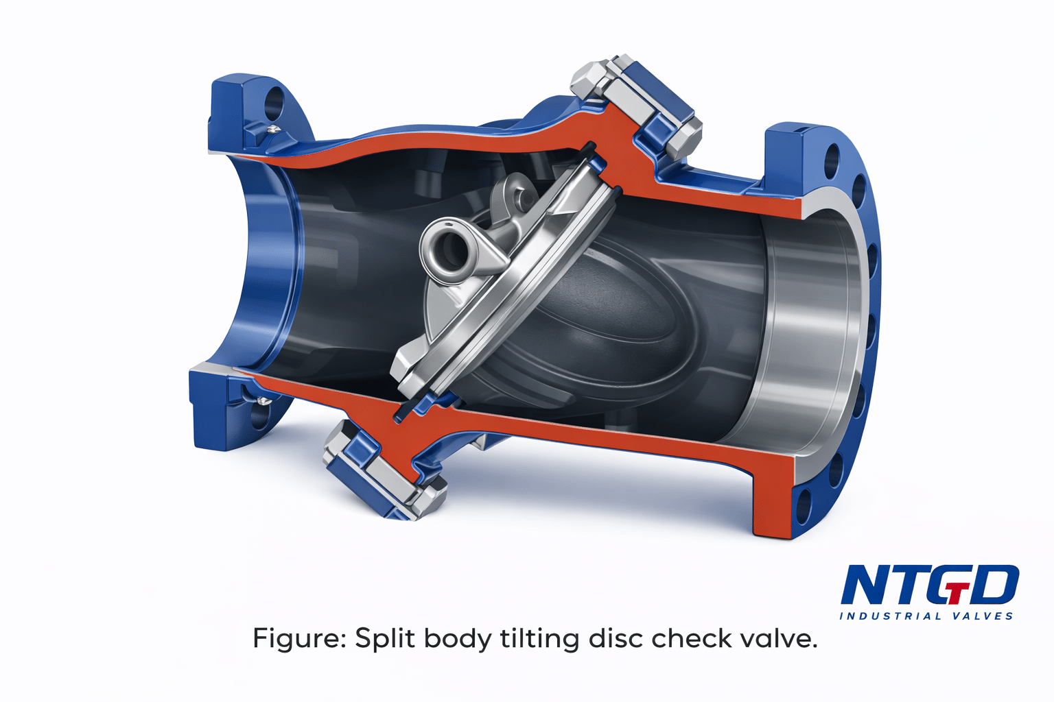 split body tilting disc check valve cross section showing disc pivot and bolted body structure
