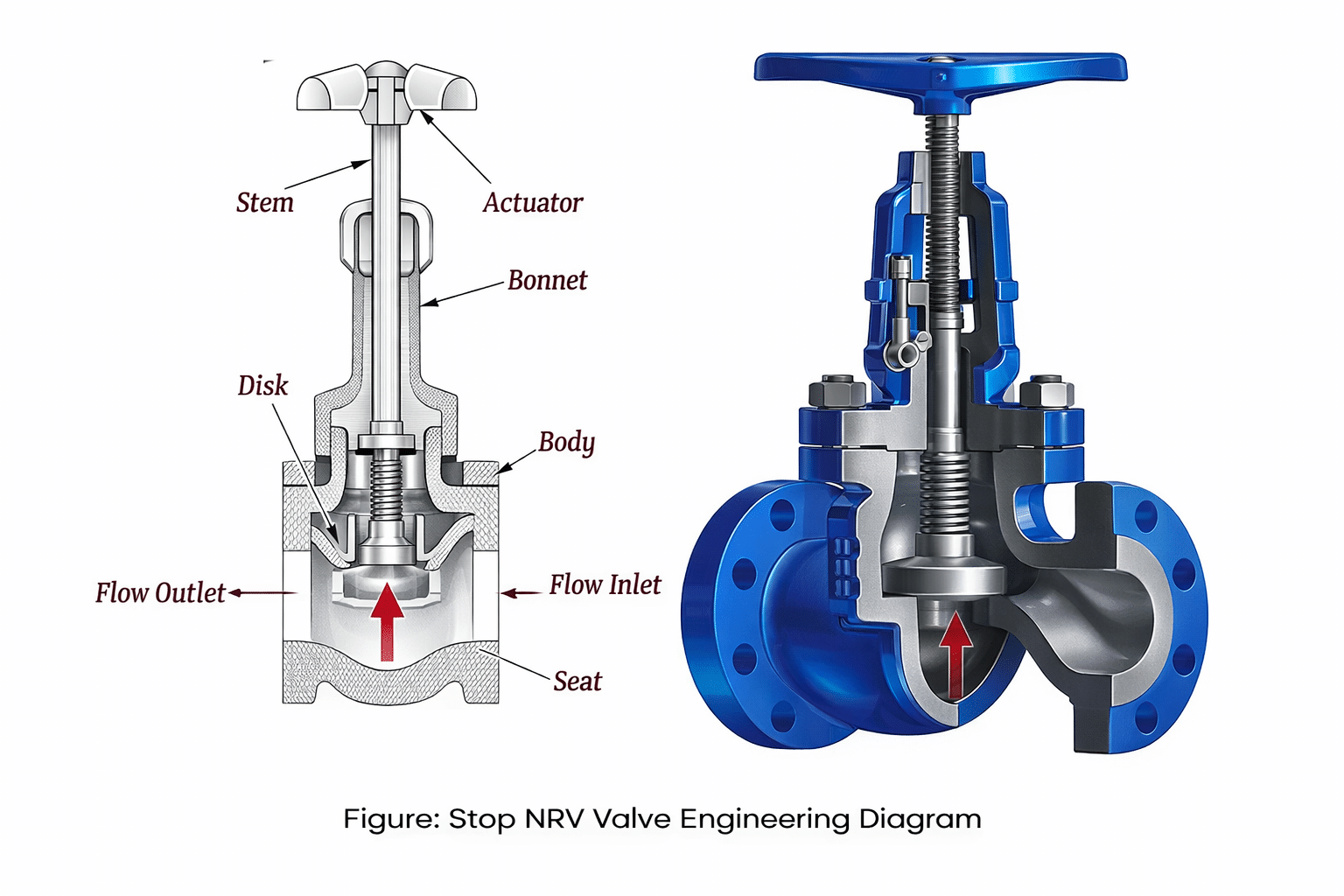 stop non return valve engineering diagram showing globe style structure and manual stop function