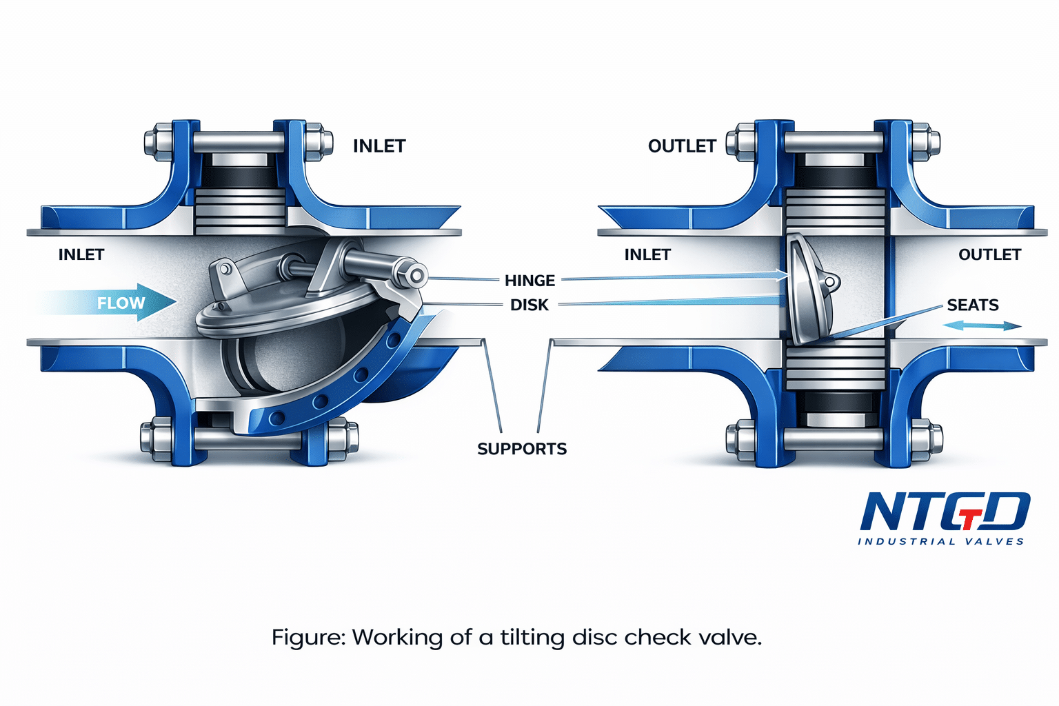 tilting disc check valve working principle diagram showing inlet flow disc rotation and seat closure