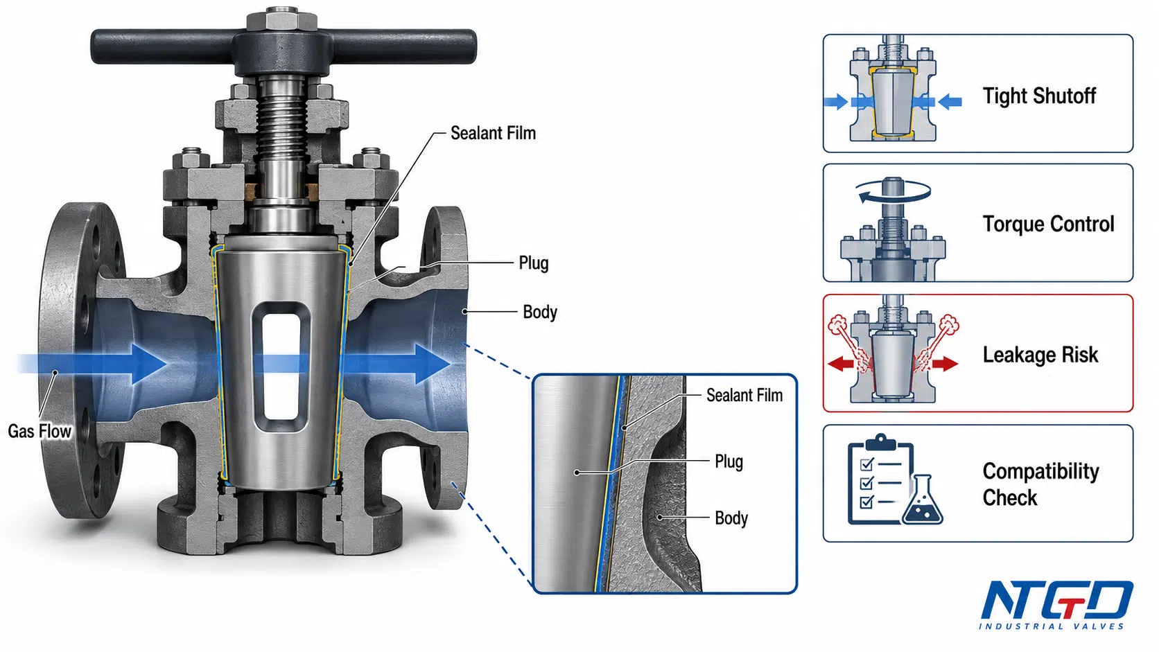 Sección transversal de una válvula de tapón de gas lubricada que muestra el control del torque de la película sellante y el riesgo de fugas